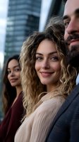 Happy diverse business team smiling outdoors with modern office buildings in background during corporate meeting or networking event.