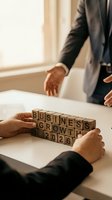 Business professionals arranging wooden letter blocks spelling business growth 2026 on white table during strategic planning meeting in modern office.