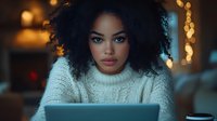 Young African American woman with curly hair working on laptop in cozy evening setting with warm bokeh lights creating atmospheric workspace ambiance.