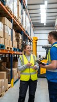 Two warehouse workers in safety vests discussing logistics operations among storage shelves with cardboard boxes in modern distribution center.