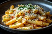 Penne pasta in rich tomato sauce garnished with grated parmesan cheese and fresh chopped parsley served on dark rustic plate, close up view of Italian cuisine.