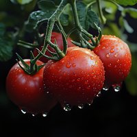Fresh ripe tomatoes on vine with water drops against dark background, macro photography showing natural texture and vibrant red color. Perfect for food marketing.