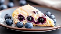 Fresh blueberry danish pastry slice with vanilla glaze and whole berries, showing soft dough texture and juicy fruit filling on brown ceramic plate.