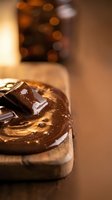 Decadent chocolate dessert with glossy ganache and dark chocolate pieces on wooden board with warm bokeh lights creating cozy atmosphere for bakery menu.