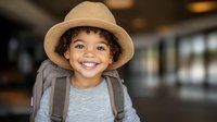 Cheerful African American child wearing beige hat and backpack smiling brightly in school hallway, expressing joy and confidence on first day of elementary school.