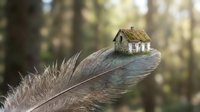 Miniature house model balanced on feather tip in forest setting symbolizing lightness of home ownership dreams and property investment concepts.