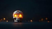 Mexican sugar skull with glowing orange eyes on dark background with bokeh lights, decorated with traditional ornamental patterns and floral designs.