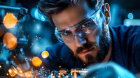 Young bearded scientist in protective eyewear examining microchip in modern laboratory with blue lighting and bokeh effects in background. Suitable for tech research.