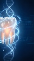 Glowing tooth with DNA helix and sparkling particles on blue background for dental genetics research and oral health innovation concepts.