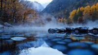 Misty autumn morning at mountain lake with rocks in foreground and colorful fall forest reflected in calm water surface, atmospheric nature landscape.