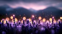 Purple lavender flowers in dreamy sunset light with golden bokeh effects and mountain silhouettes creating magical atmospheric mood for relaxation themes.