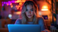 Young blonde woman in cozy sweater working on laptop at night with colorful bokeh lights in background creating atmospheric mood for remote work or study.