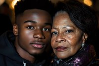 African American grandmother and teenage grandson sharing tender moment together in warm indoor setting with soft lighting.