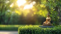 Bronze Buddha statue in meditation pose surrounded by lush green garden foliage with soft sunlight filtering through leaves creating peaceful zen atmosphere.