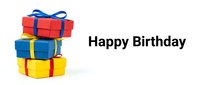 Colorful stacked birthday gift boxes with ribbons and Happy Birthday text on white background, isolated for greeting cards and celebrations.