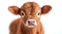 Young brown Highland calf with big blue eyes and fluffy fur looking directly at camera against white background, close-up portrait of baby cow face.