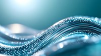 Flowing turquoise waves with sparkling light particles create dynamic motion against dark background, abstract design elements for modern backgrounds and presentations.
