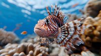 Majestic lionfish swimming near coral reef against vibrant blue ocean water, displaying distinctive striped pattern and venomous spines in natural habitat.