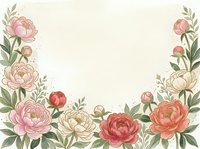 Watercolor peony floral border frame with pink, red, and cream blooms on light background, copy space for wedding or greeting card.