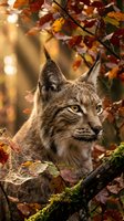 Wild lynx portrait in autumn forest with colorful fall foliage and warm sunlight filtering through trees creating natural wildlife habitat scene.