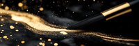 Professional makeup brush with scattered gold glitter powder against dark background creating magical sparkle trail effect for cosmetic and beauty concepts.