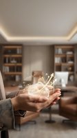Businessman holding glowing holographic heart with rising financial charts in modern office with wooden shelves and ambient lighting, representing healthcare investment and cardiology data analysis.
