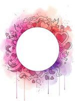 Romantic watercolor frame with hearts, wings and love symbols in pink and purple gradient with white circle space for text or design elements.