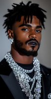 Young African American male model wearing luxurious diamond necklaces and earrings with dreadlocks hairstyle and well-groomed beard against dark background.