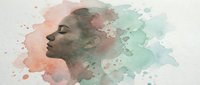 African American woman profile portrait with watercolor paint splashes in coral pink and mint green tones on textured paper background.