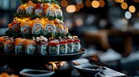 Gourmet sushi rolls arranged in elegant tower formation on dark plate with festive bokeh lights background, luxury catering presentation for special events.