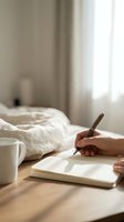 Person writing in notebook at wooden desk with coffee cup and bedding, morning journaling and creative writing in bright bedroom setting.