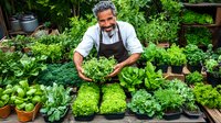 Mature mixed race male gardener with gray hair and apron showing fresh organic lettuce varieties in urban garden setting surrounded by potted vegetables.