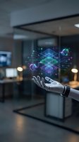 Robotic hand displaying holographic digital network interface with glowing geometric shapes and data visualization in modern office environment for technology and innovation concepts.