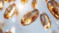Golden amber vitamin E capsules floating in bright light with soft shadows for health and wellness supplement advertising.