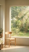 Wooden chair positioned by large window with natural sunlight streaming in, potted plants nearby, minimalist interior design with neutral beige walls and blurred green garden view outside.