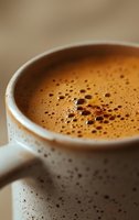 Freshly brewed espresso with golden crema in a speckled ceramic cup, macro view showing rich texture and tiny bubbles on surface.