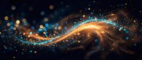 Glowing golden and blue energy wave with sparkling particles flowing across dark background, suitable for technology, science, and digital design projects.