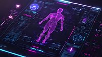 Futuristic medical interface showing holographic male anatomy scan with vital signs monitoring and health data visualization in neon purple and blue tones.