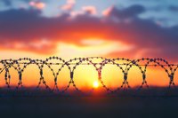 Barbed wire fence silhouette against dramatic orange sunset sky with clouds, symbolizing boundary, security and restriction concepts for social issues.