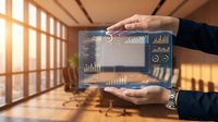 Business professional displaying holographic financial data analytics dashboard with charts and graphs in modern office environment for corporate presentations.