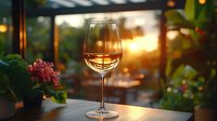 Glass of rose wine on wooden table at sunset with bokeh lights and flowers, romantic evening atmosphere on terrace or patio. Lifestyle drink photography.