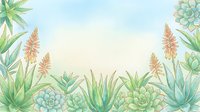 Watercolor tropical plants frame with succulents and palm leaves creating natural border on soft gradient background for botanical designs.