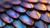 Macro view of iridescent scales showing vibrant blue, purple, and gold metallic reflections in overlapping pattern. Natural abstract background with holographic effect.
