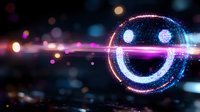 Glowing neon smiley face emoji with particle effects and lens flares against dark background, digital art style with purple and blue bokeh lights.