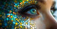 Young woman with fair skin and freckles featuring striking blue-green eye with mosaic tile pattern overlay in blue and yellow tones. Artistic digital manipulation blending natural beauty with geometric design elements.