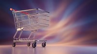 Empty shopping cart on gradient purple background for retail and consumer concepts.