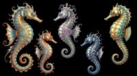 Seahorse collection featuring five ornate marine creatures in various sizes and colors including gold, purple, blue, and teal with intricate decorative patterns. Isolated on transparent background, ready for t-shirt design, clipart, stickers, sublimation, and print-on-demand projects.