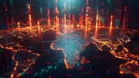 Digital world map visualization with glowing orange data streams and vertical light beams, perfect for global technology, cybersecurity, and international business concepts.