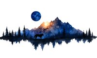 Mystical mountain landscape with wolf silhouette against starry night sky and full moon, reflected in water. Forest pine trees frame dramatic wilderness scene.