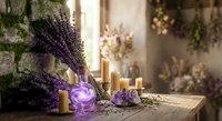 Lavender spa aromatherapy setup with essential oil bottles, dried flowers, candles and natural skincare products on rustic wooden table for wellness relaxation.